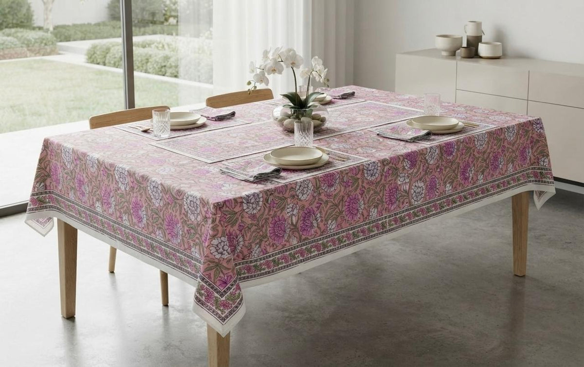 Hand Block Printed Pink & White Table Linen Set – Table Cover, Runner, Placemats & Napkins