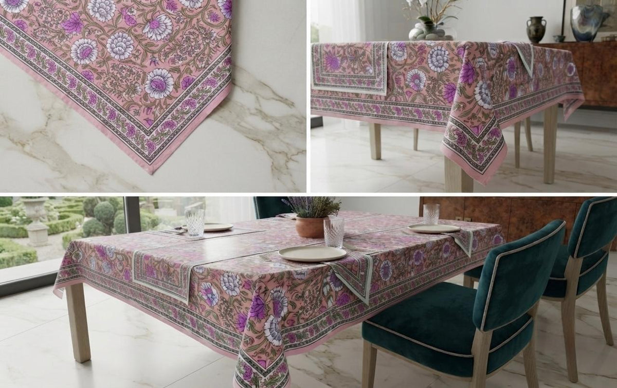 Hand Block Printed Pink & White Table Linen Set – Table Cover, Runner, Placemats & Napkins