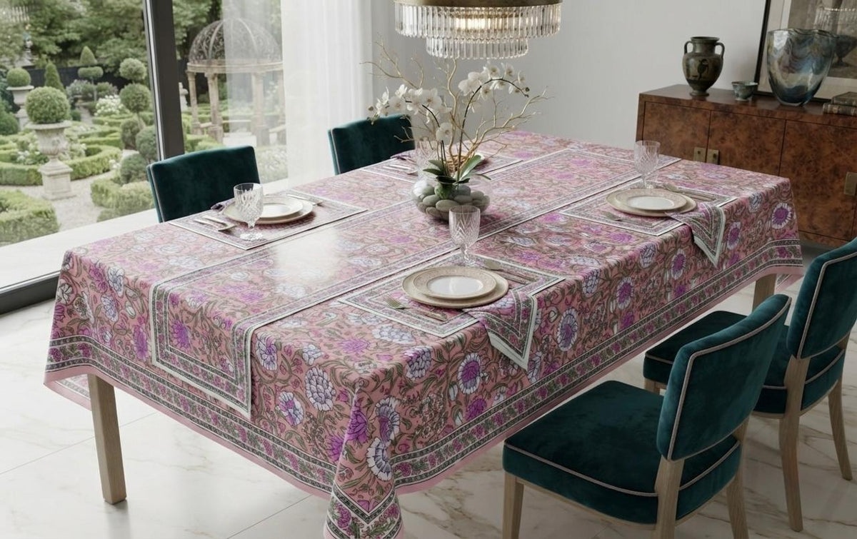 Hand Block Printed Pink & White Table Linen Set – Table Cover, Runner, Placemats & Napkins