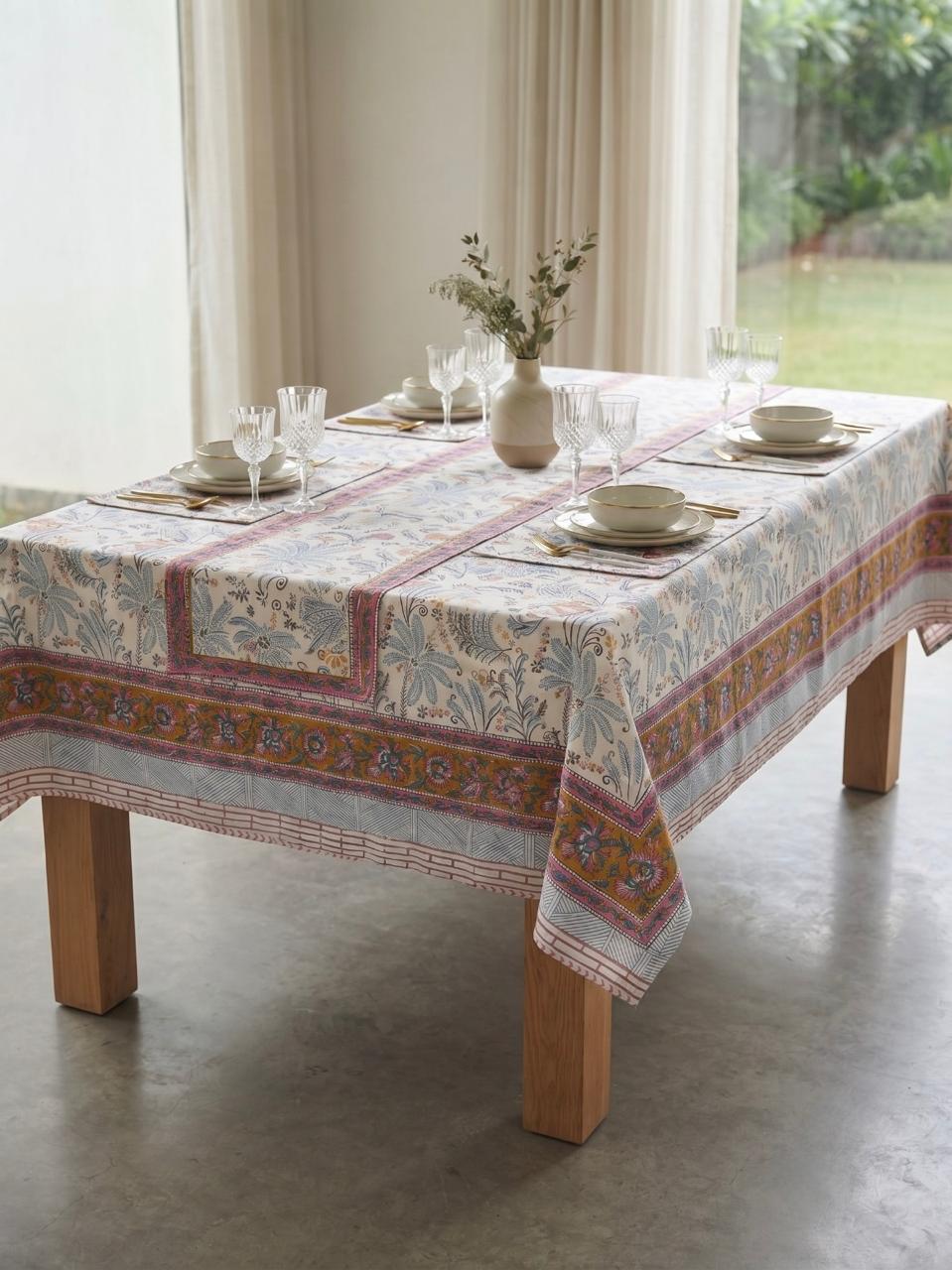 Hand Block Printed Blue & Pink Table Linen Set – Table Cover, Runner, Placemats & Napkins