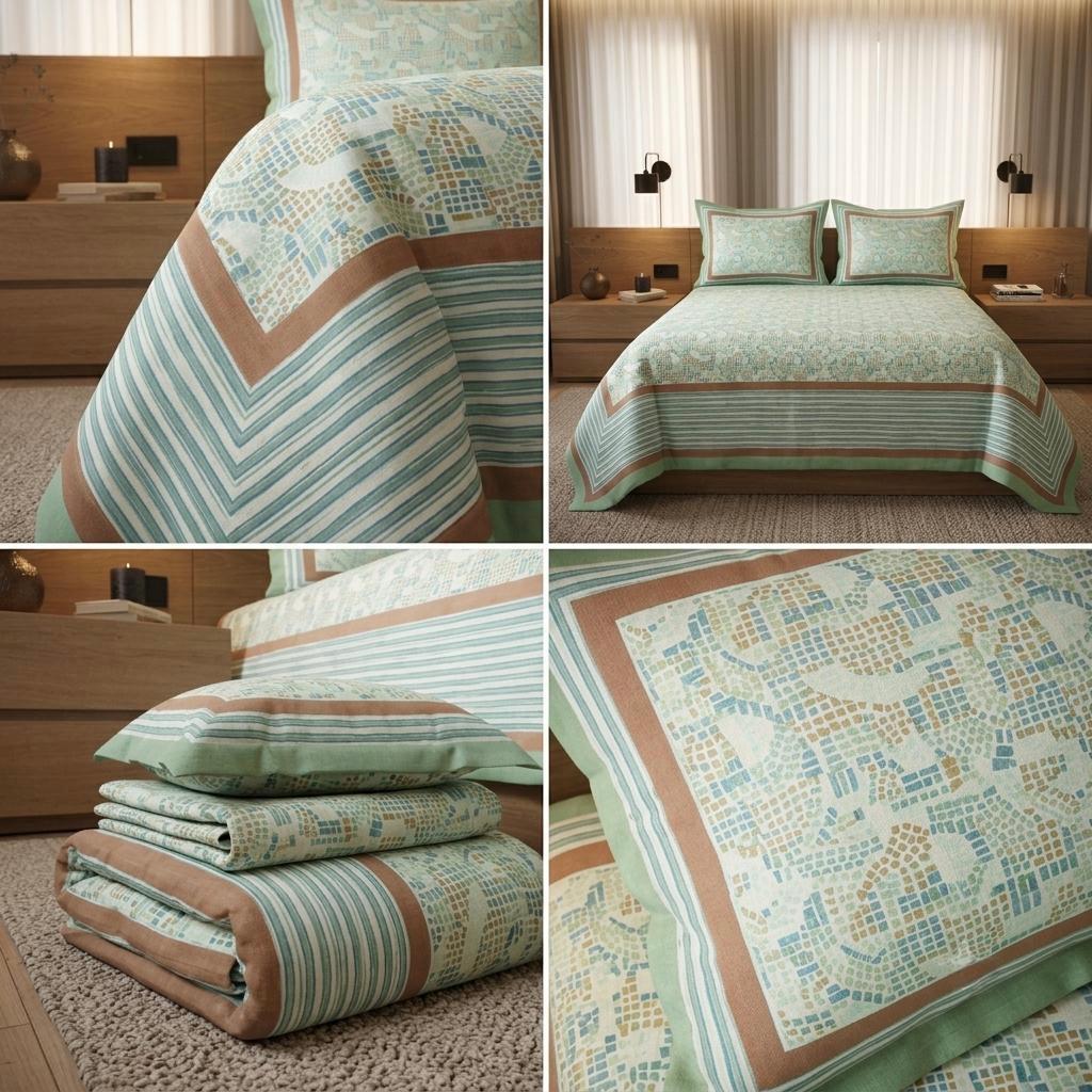 Green and Brown Pure Cotton Hand Block Printed Bedsheet with Pillow Covers