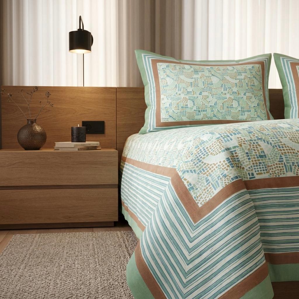Green and Brown Pure Cotton Hand Block Printed Bedsheet with Pillow Covers