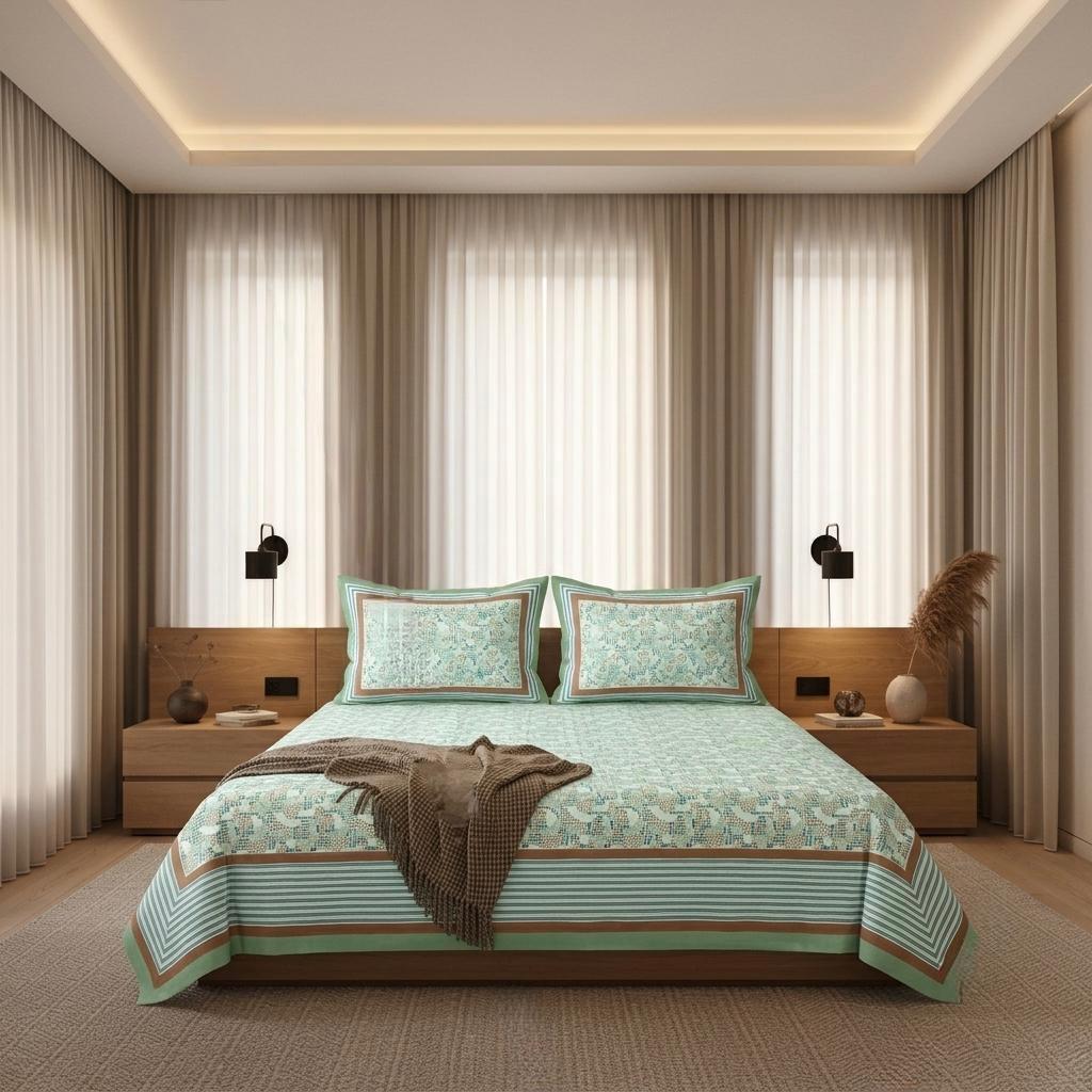 Green and Brown Pure Cotton Hand Block Printed Bedsheet with Pillow Covers