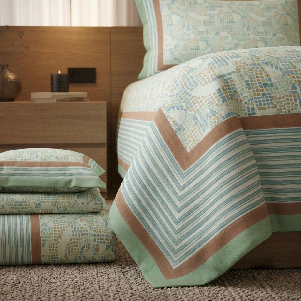 Green and Brown Pure Cotton Hand Block Printed Bedsheet with Pillow Covers