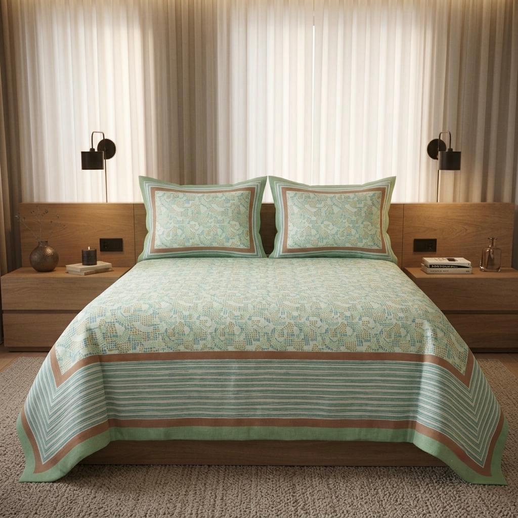 Green and Brown Pure Cotton Hand Block Printed Bedsheet with Pillow Covers