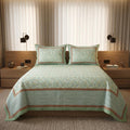 Green and Brown Pure Cotton Hand Block Printed Bedsheet with Pillow Covers