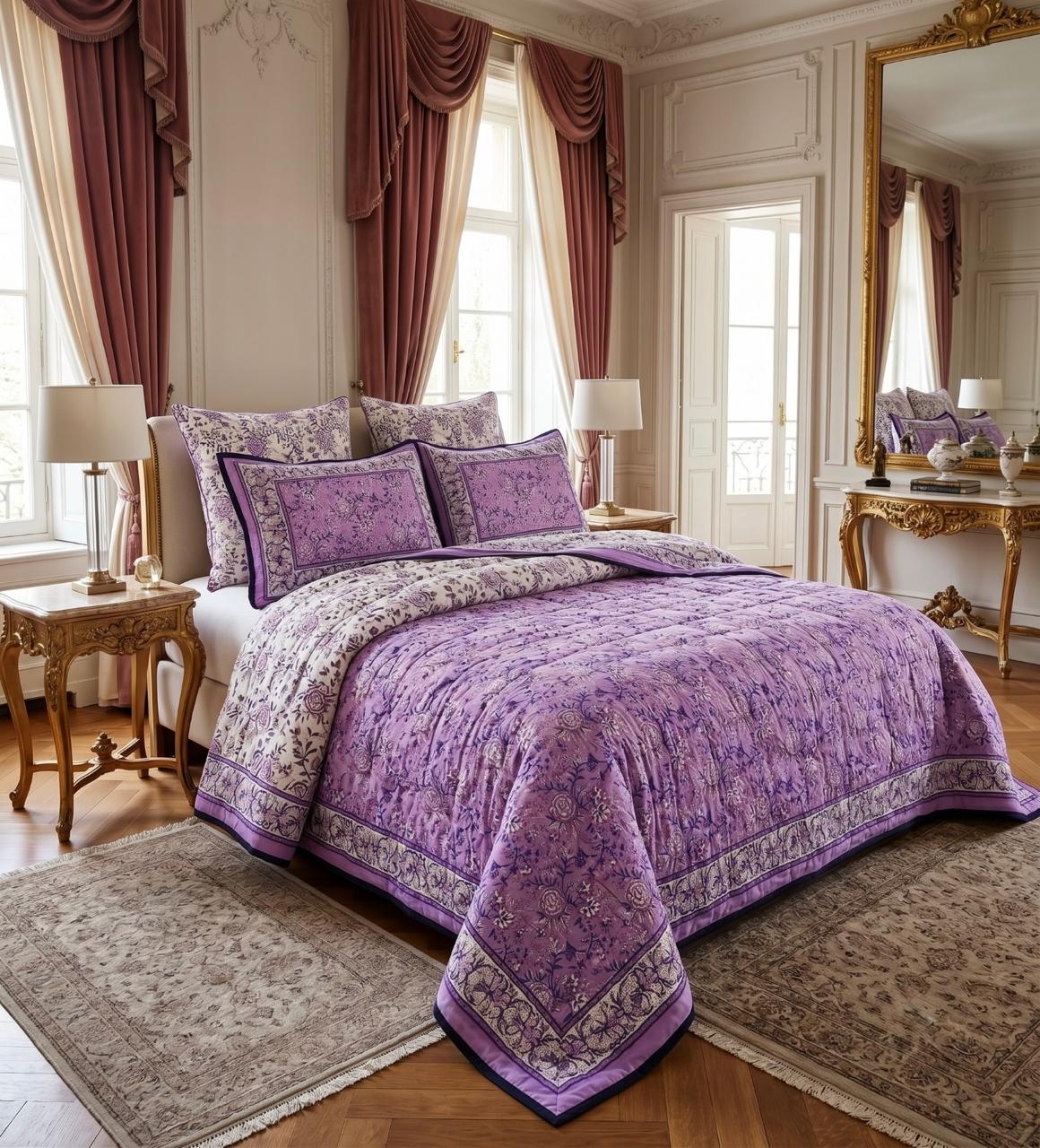 Purple Floral Hand Block Printed Jaipur Quilt | Cotton Razai