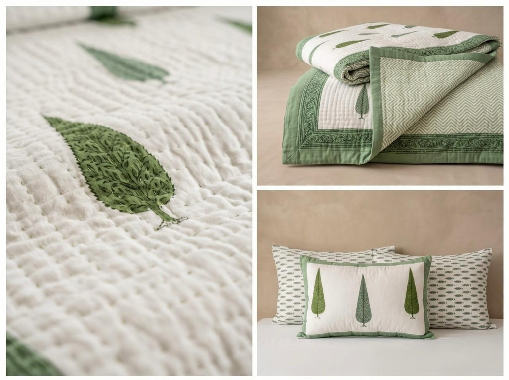 Green Hand Block Printed Jaipur Quilt | Double Sided Cotton Razai