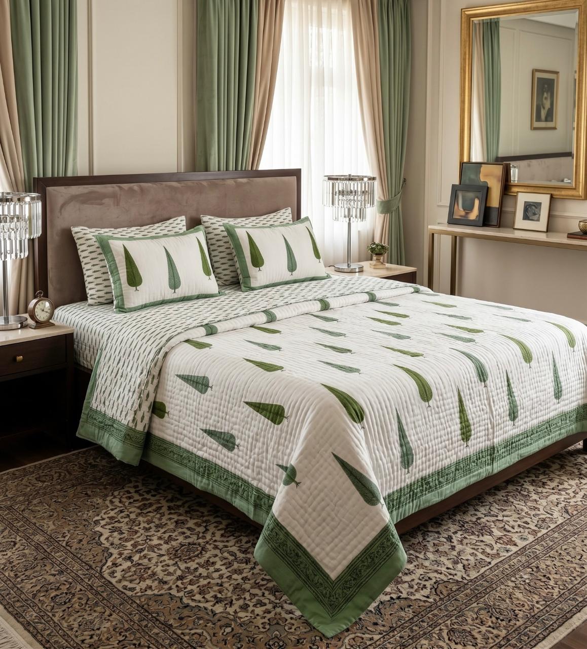 Green Hand Block Printed Jaipur Quilt | Double Sided Cotton Razai