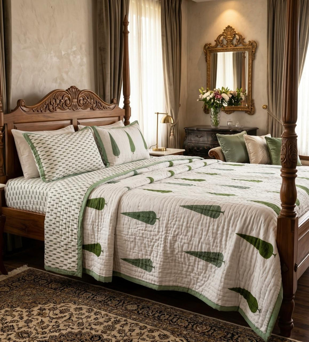 Green Hand Block Printed Jaipur Quilt | Double Sided Cotton Razai