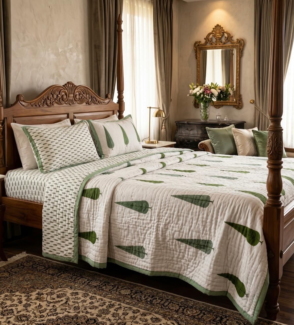Green Hand Block Printed Jaipur Quilt | Double Sided Cotton Razai