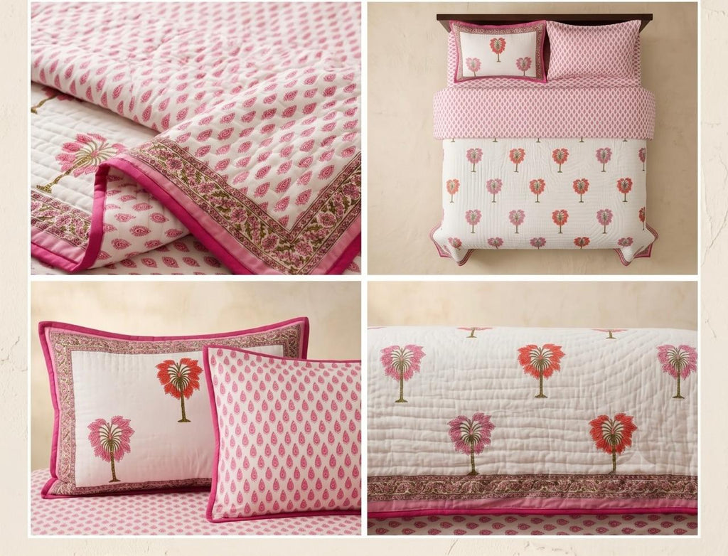 Reversible Cotton Razai & Quilt | Pink Floral Block Print
