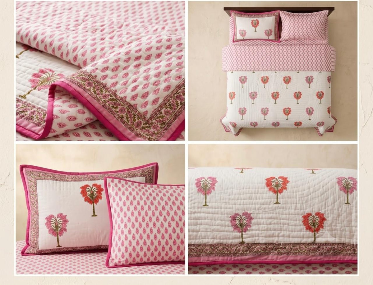 Reversible Cotton Razai & Quilt | Pink Floral Block Print