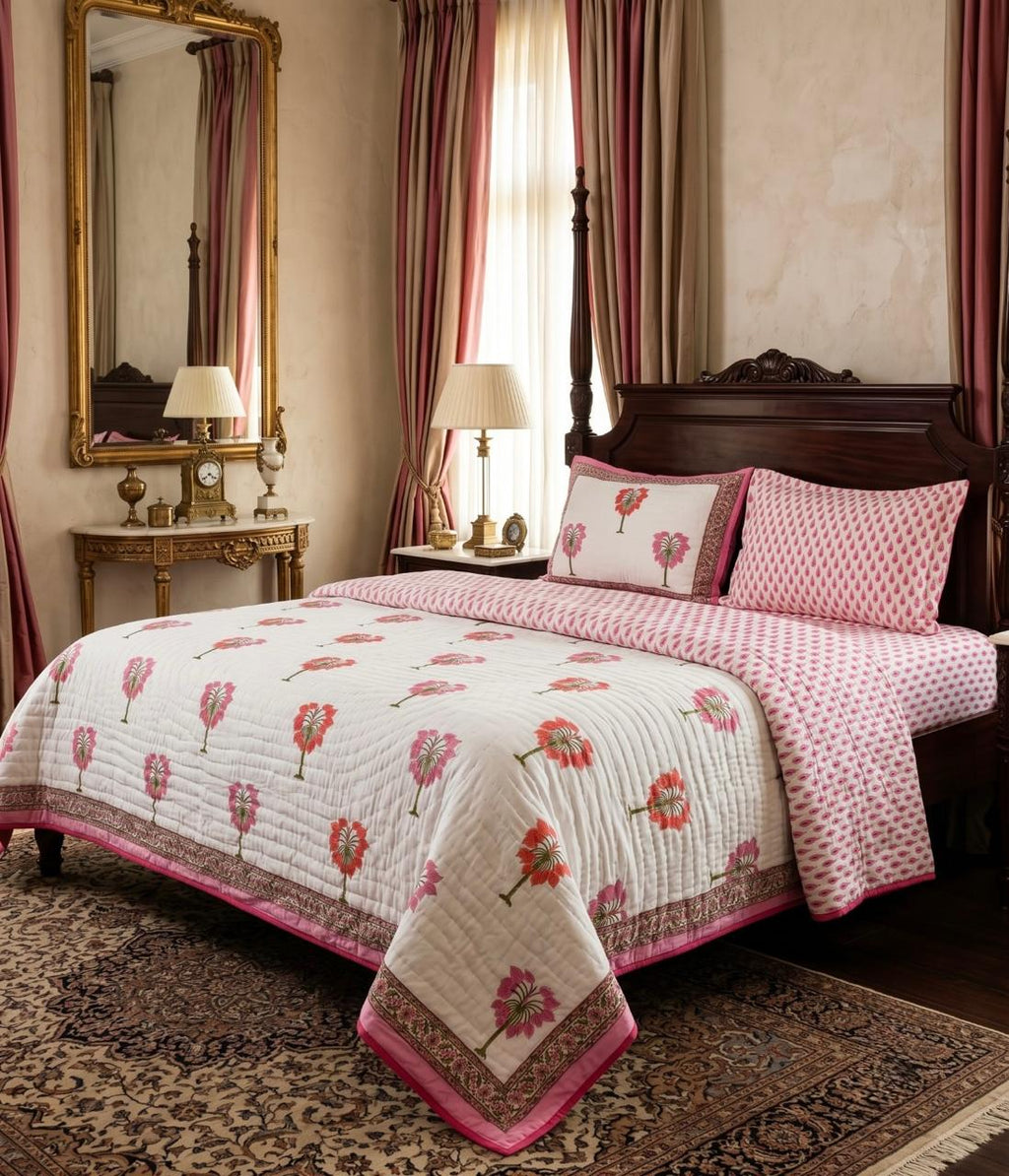 Reversible Cotton Razai & Quilt | Pink Floral Block Print