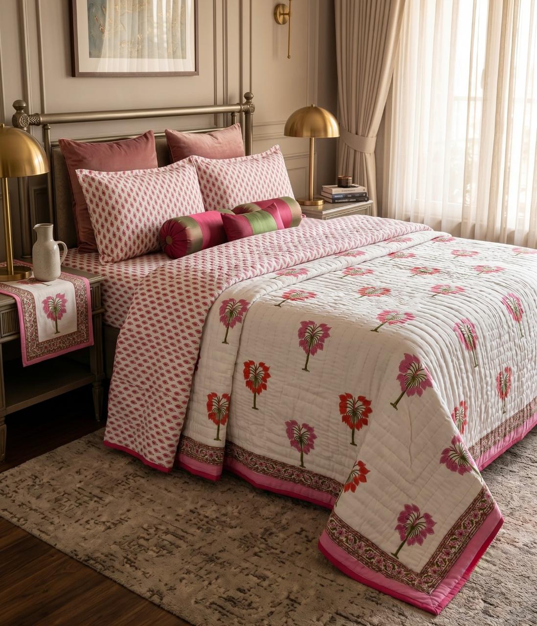 Reversible Cotton Razai & Quilt | Pink Floral Block Print
