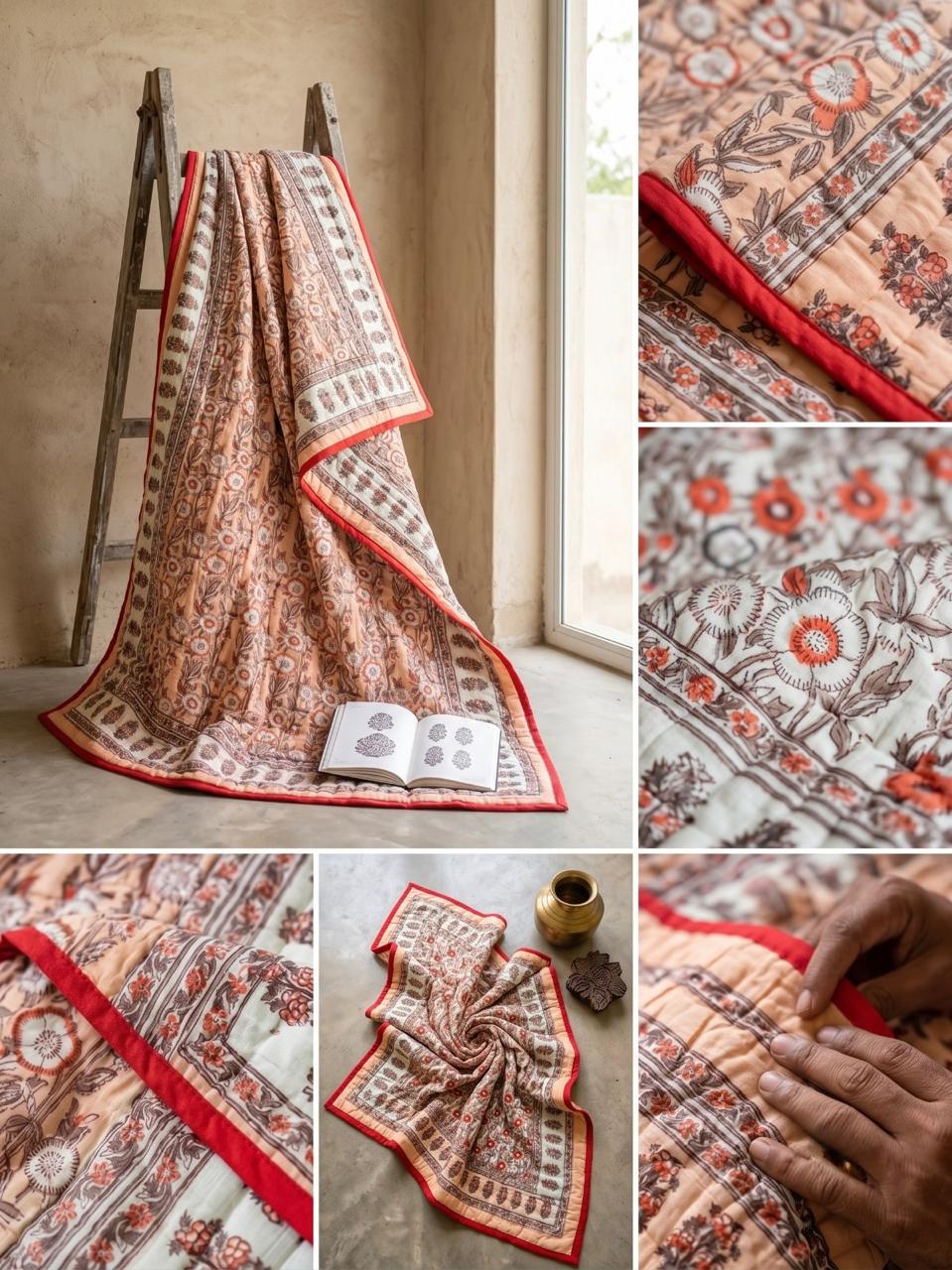 Peach & Red Floral Hand Block Printed Jaipur Quilt | Razai