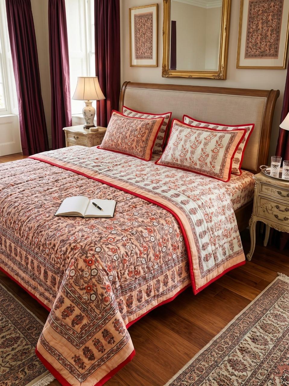 Peach & Red Floral Hand Block Printed Jaipur Quilt | Razai