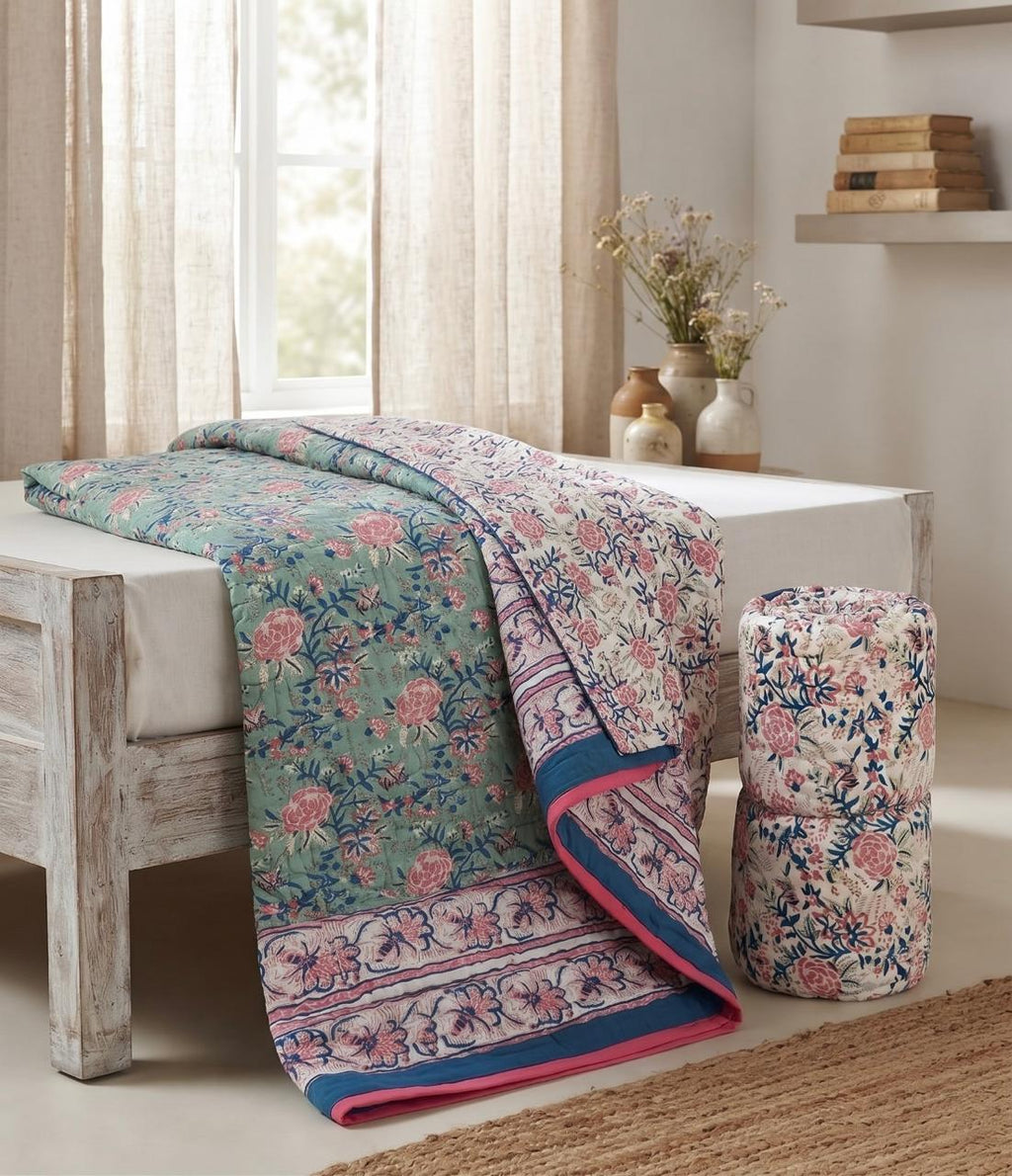 Mint Green Floral Hand Block Printed Jaipur Quilt | Razai