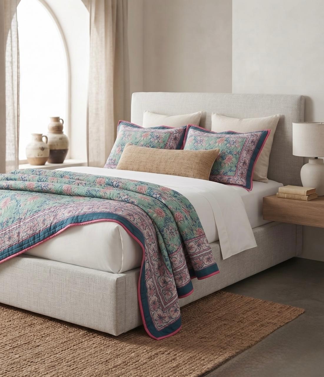 Mint Green Floral Hand Block Printed Jaipur Quilt | Razai