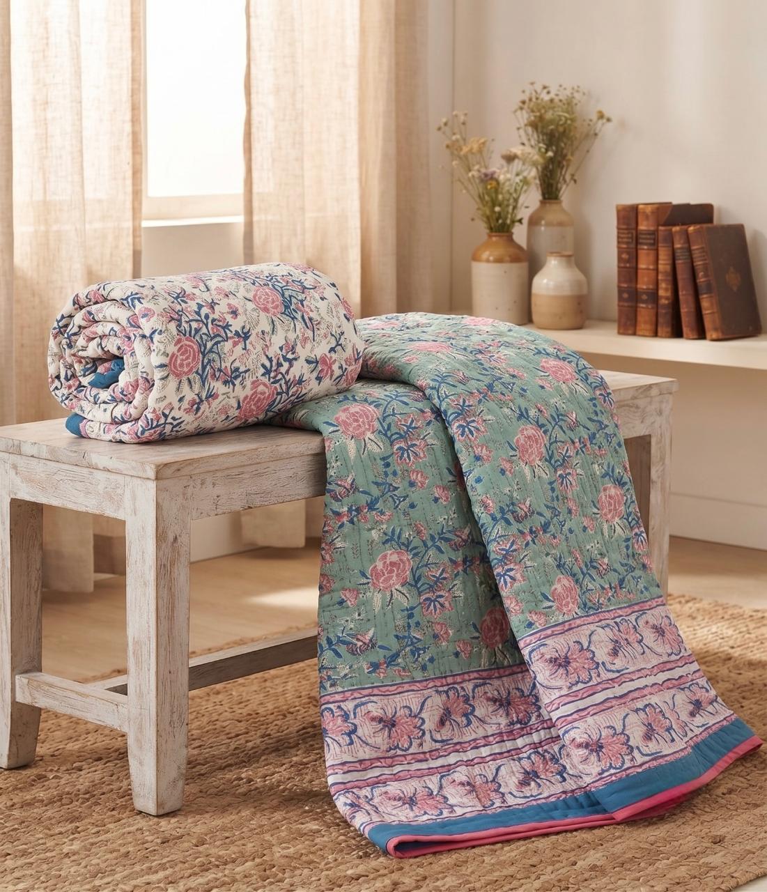 Mint Green Floral Hand Block Printed Jaipur Quilt | Razai