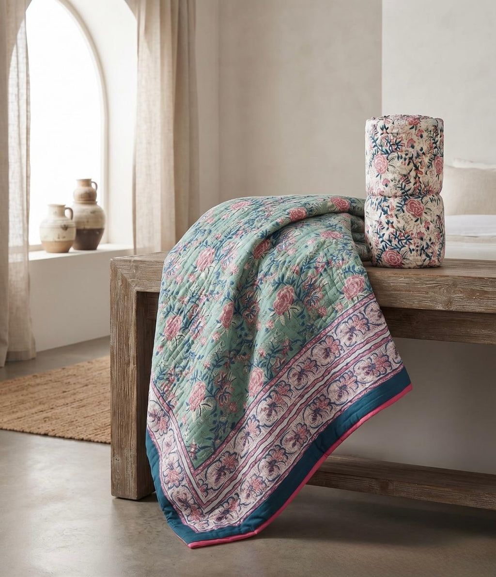 Mint Green Floral Hand Block Printed Jaipur Quilt | Razai