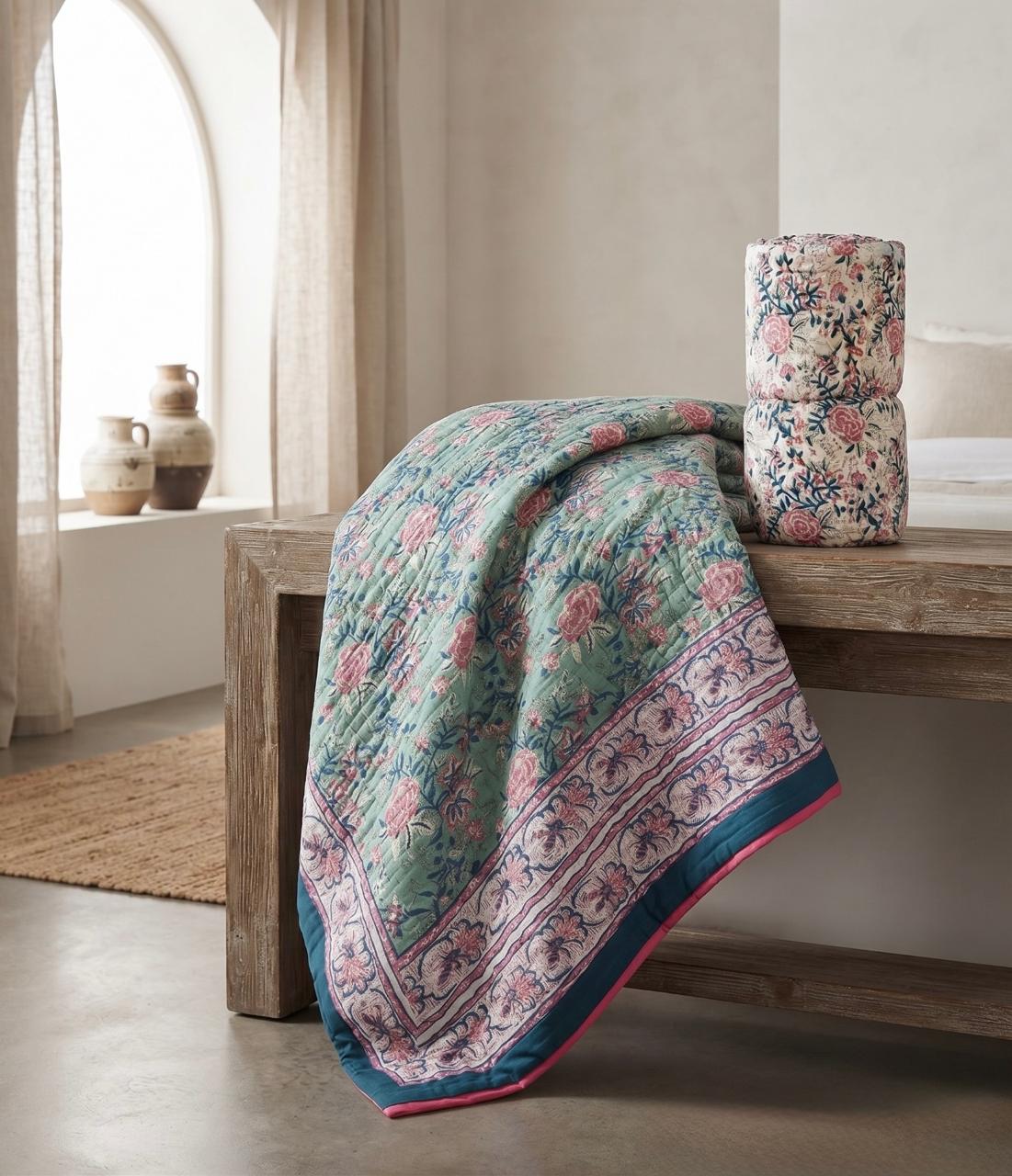 Mint Green Floral Hand Block Printed Jaipur Quilt | Razai