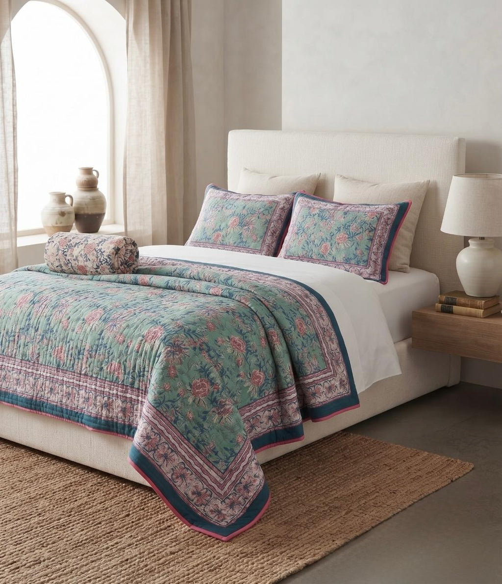 Mint Green Floral Hand Block Printed Jaipur Quilt | Razai