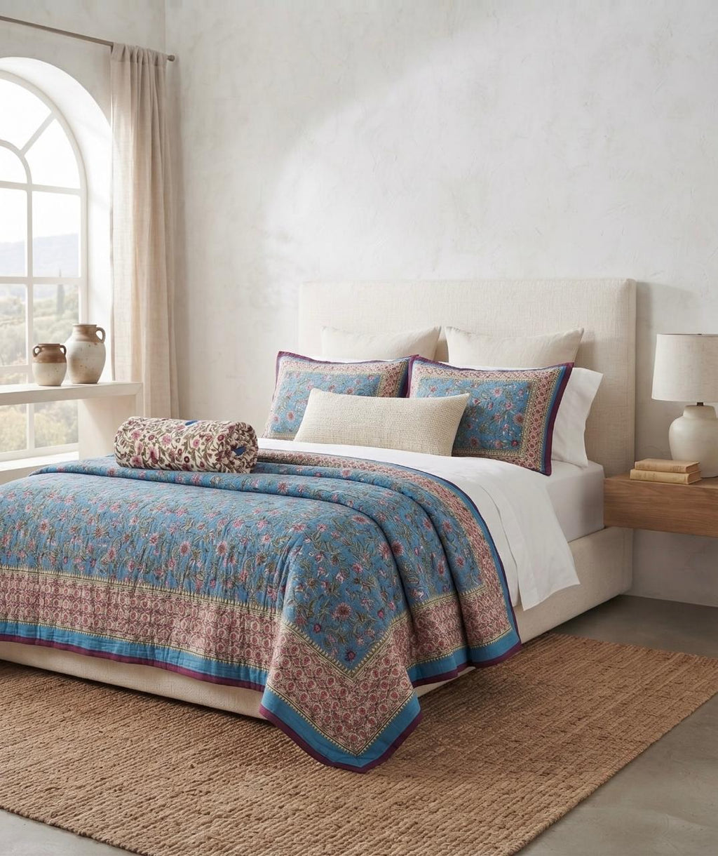 Traditional Jaipur Cotton Quilt | Blue Floral Block Print
