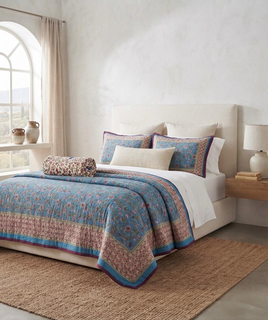 Traditional Jaipur Cotton Quilt | Blue Floral Block Print
