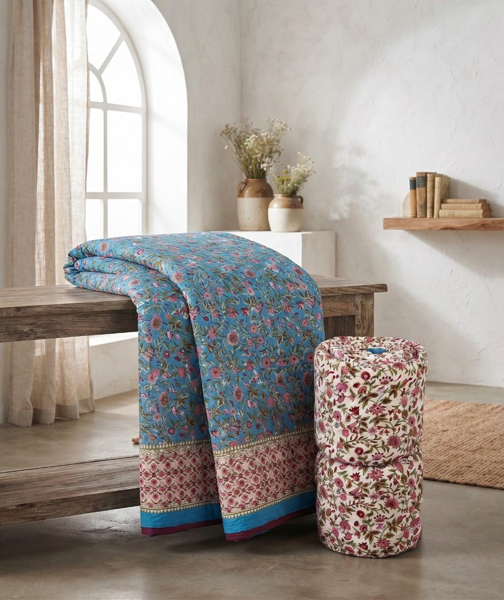 Traditional Jaipur Cotton Quilt | Blue Floral Block Print