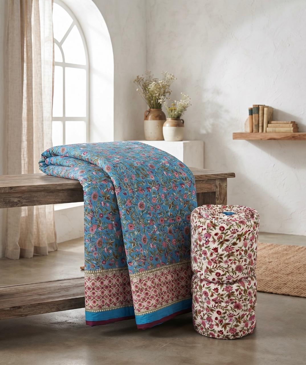 Traditional Jaipur Cotton Quilt | Blue Floral Block Print