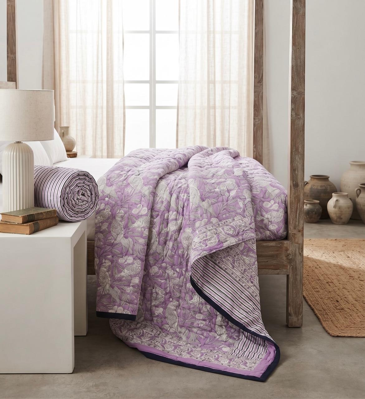 Purple Floral Hand Block Printed Jaipur Quilt | Cotton Razai