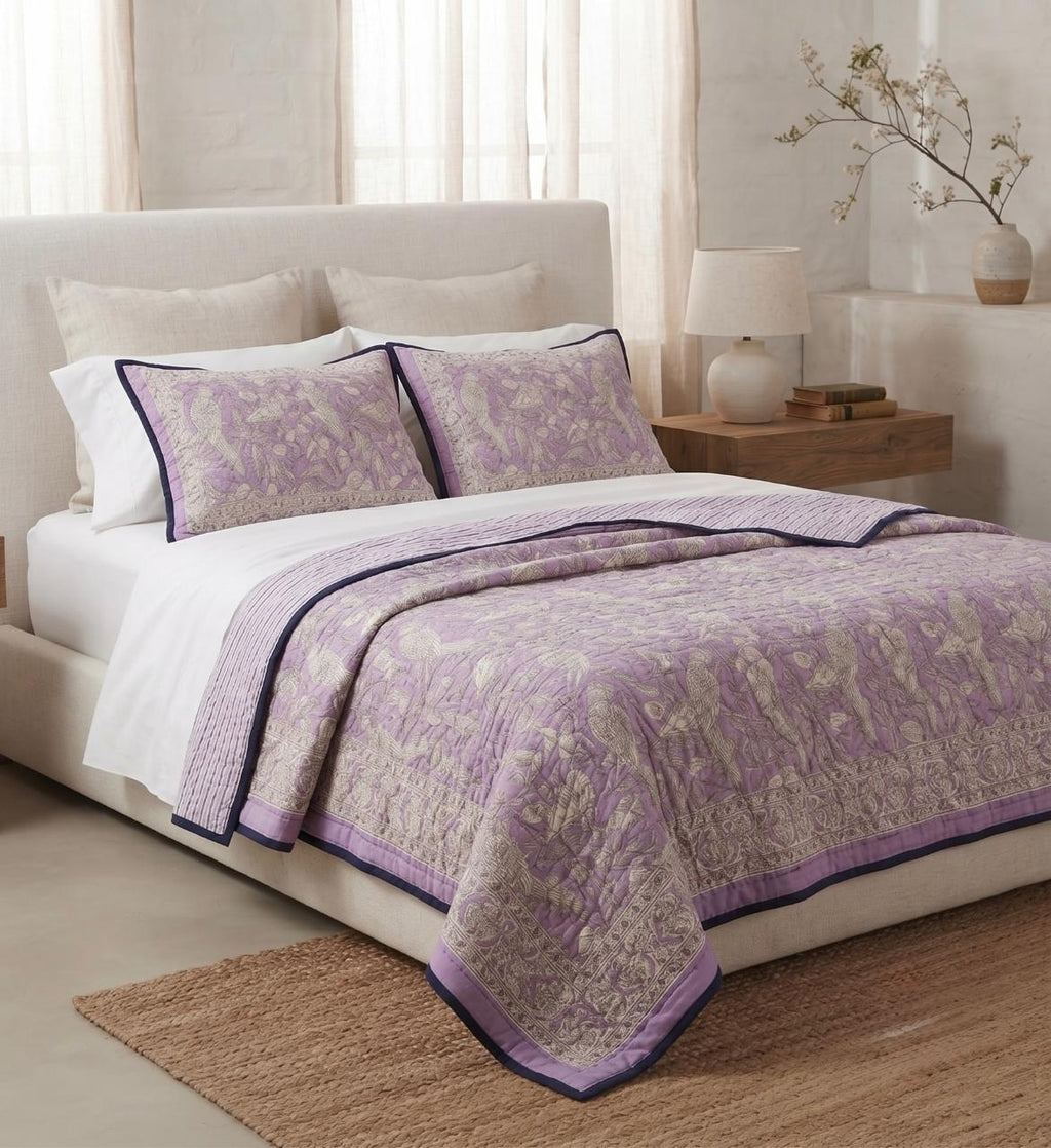 Purple Floral Hand Block Printed Jaipur Quilt | Cotton Razai