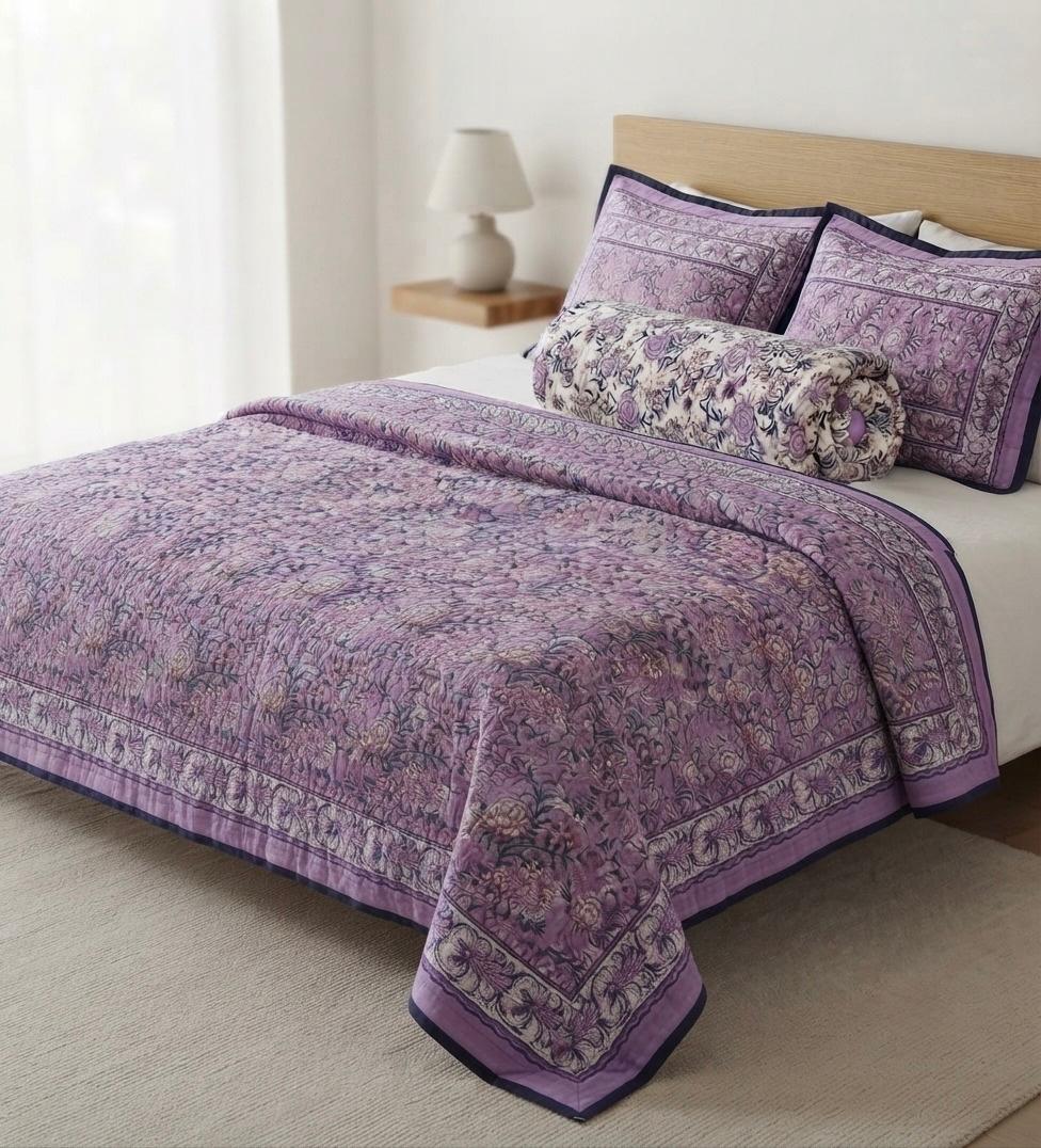 Purple Floral Hand Block Printed Jaipur Quilt | Cotton Razai