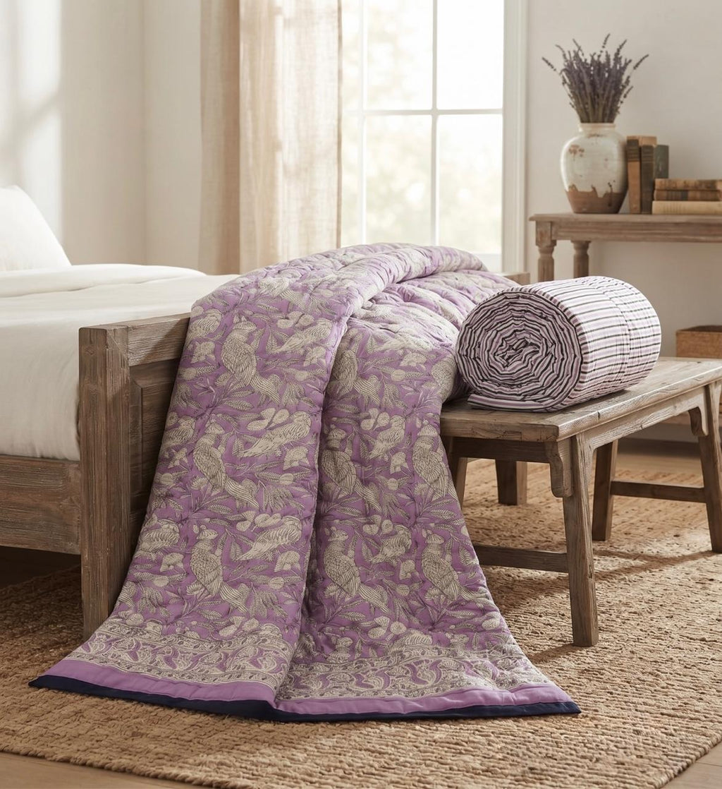 Purple Floral Hand Block Printed Jaipur Quilt | Cotton Razai