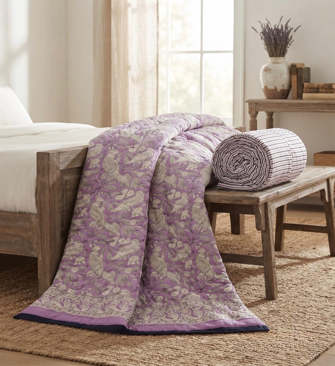 Purple Floral Hand Block Printed Jaipur Quilt | Cotton Razai