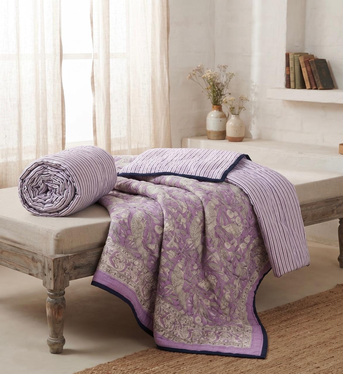 Purple Floral Hand Block Printed Jaipur Quilt | Cotton Razai