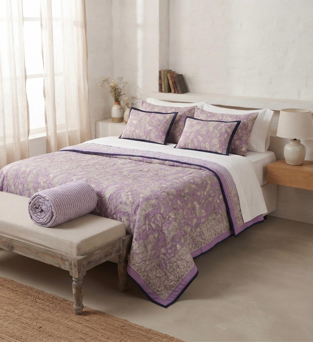 Purple Floral Hand Block Printed Jaipur Quilt | Cotton Razai