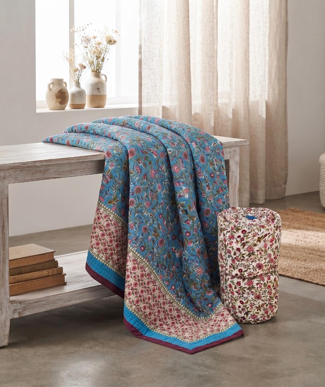 Traditional Jaipur Cotton Quilt | Blue Floral Block Print