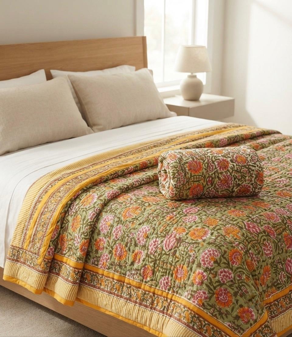 Olive Green & Mustard Floral Jaipur Quilt | Cotton Razai