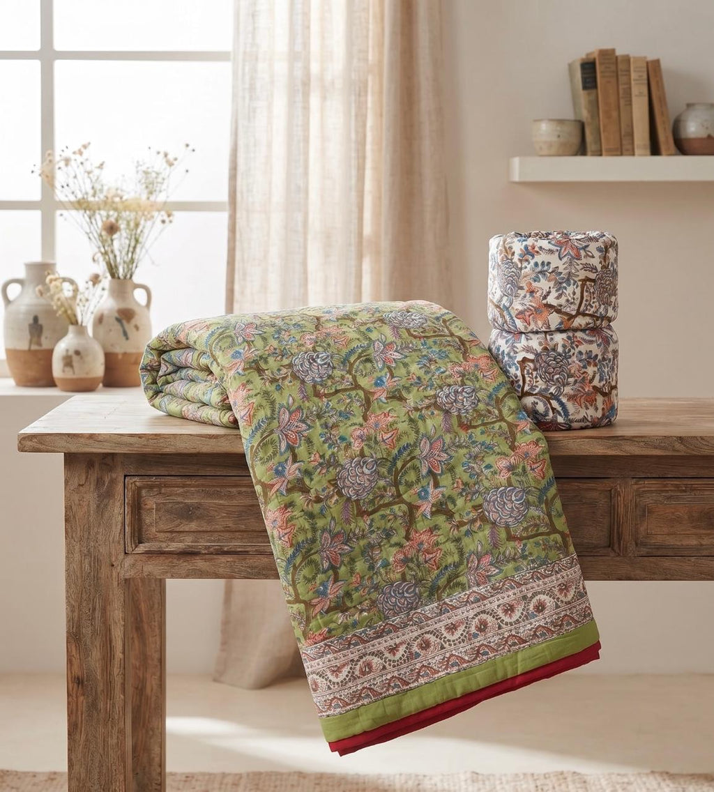 Green & Pink Floral Hand Block Printed Jaipur Quilt | Razai