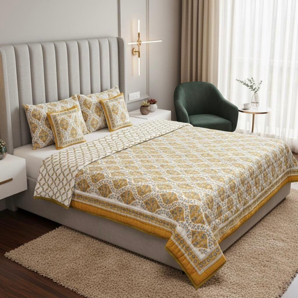 Yellow Floral Hand Block Printed Jaipur Quilt | Cotton Razai