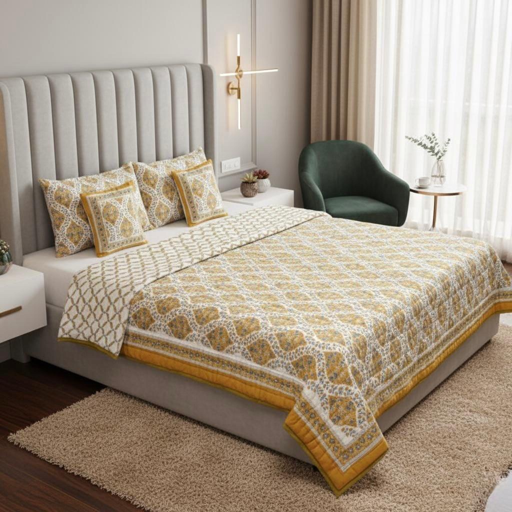 Yellow Floral Hand Block Printed Jaipur Quilt | Cotton Razai