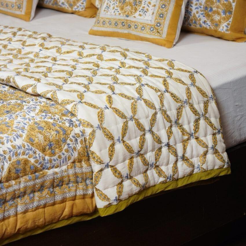 Yellow Floral Hand Block Printed Jaipur Quilt | Cotton Razai