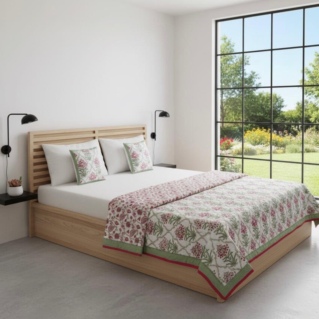 Reversible Cotton Razai & Quilt | Pink Floral Block Print