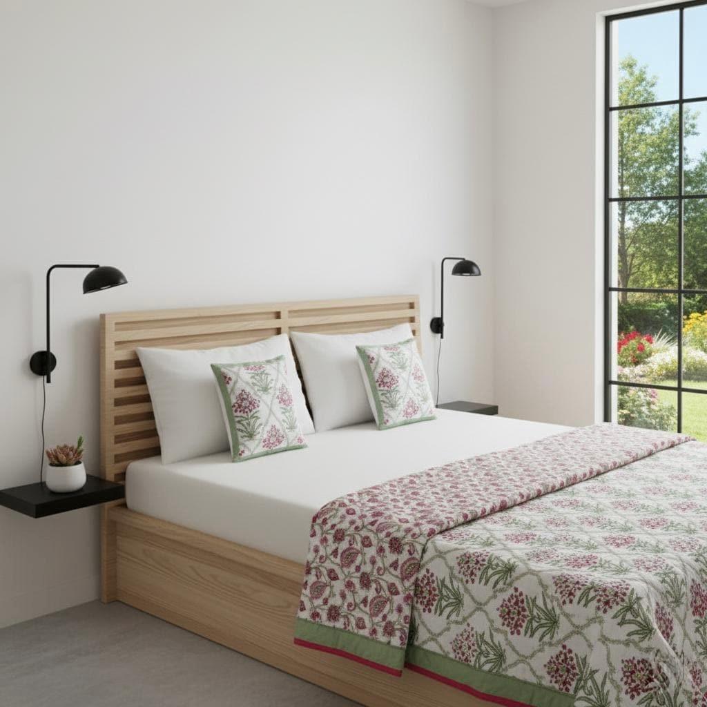 Reversible Cotton Razai & Quilt | Pink Floral Block Print