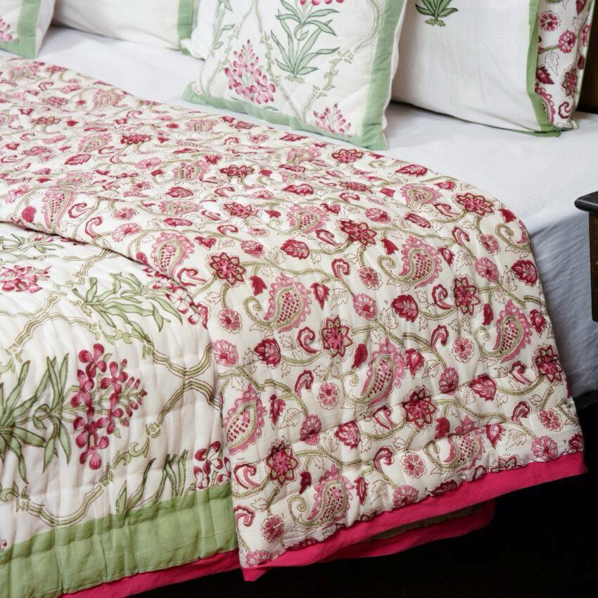 Reversible Cotton Razai & Quilt | Pink Floral Block Print