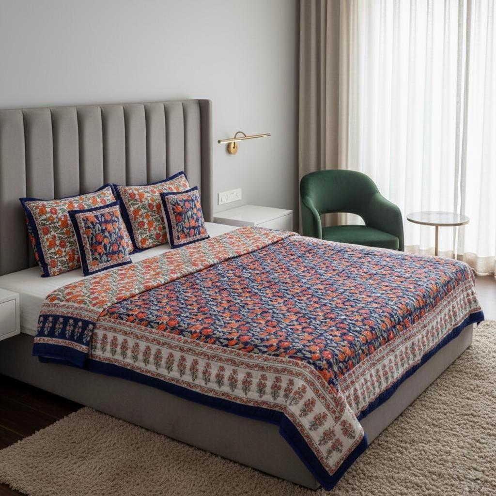 Reversible Cotton Razai & Quilt | Navy Floral Block Print