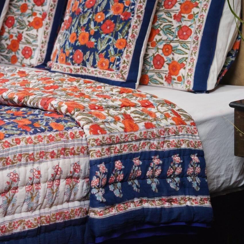 Reversible Cotton Razai & Quilt | Navy Floral Block Print
