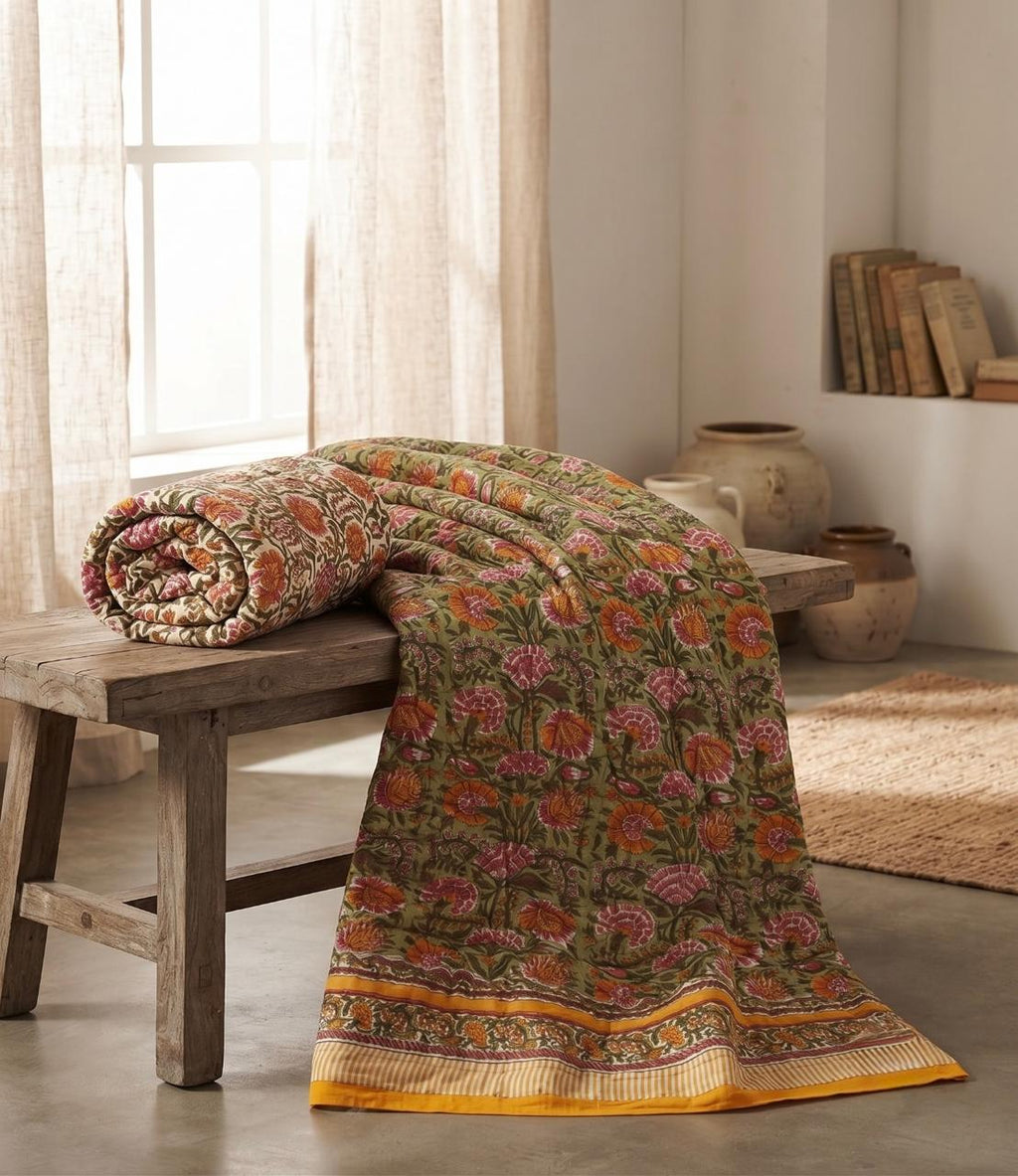Olive Green & Mustard Floral Jaipur Quilt | Cotton Razai